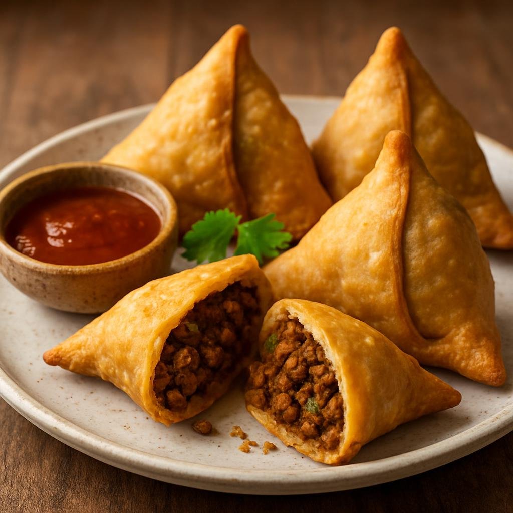 Entree: India – Hyderabad / Telangana – कीमा समोसा ➤ Kīma Samosā (Spiced minced meat stuffed triangular pastry, deep-fried until crisp) recipe
