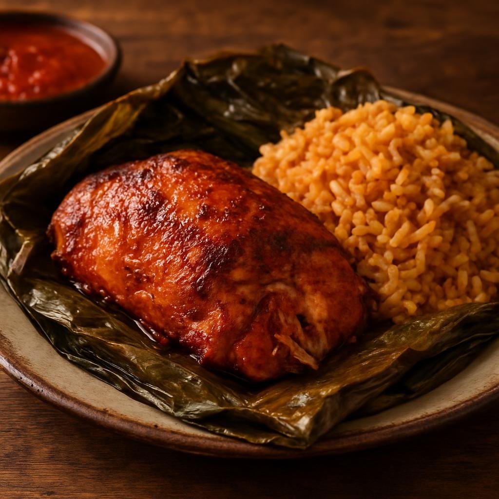 Entree: Mexico – Quintana Roo / Caribbean Coast – Pollo Pibil (Yucatecan slow-roasted achiote-marinated chicken wrapped and cooked in banana leaves) recipe