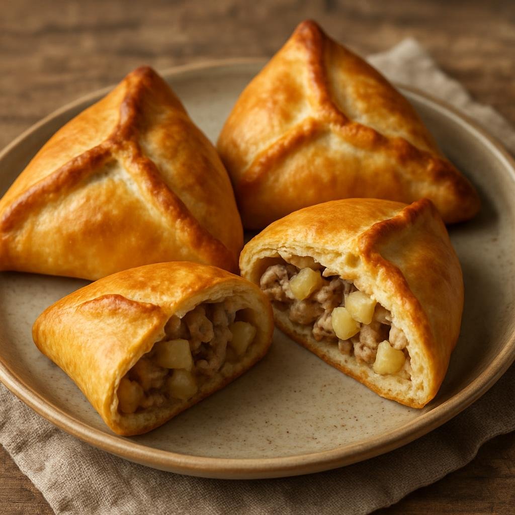 Entree: Russia – Volga Region – Эчпочмак ➤ Echpochmak (Triangular baked pastry filled with diced meat, potatoes, and onions) recipe