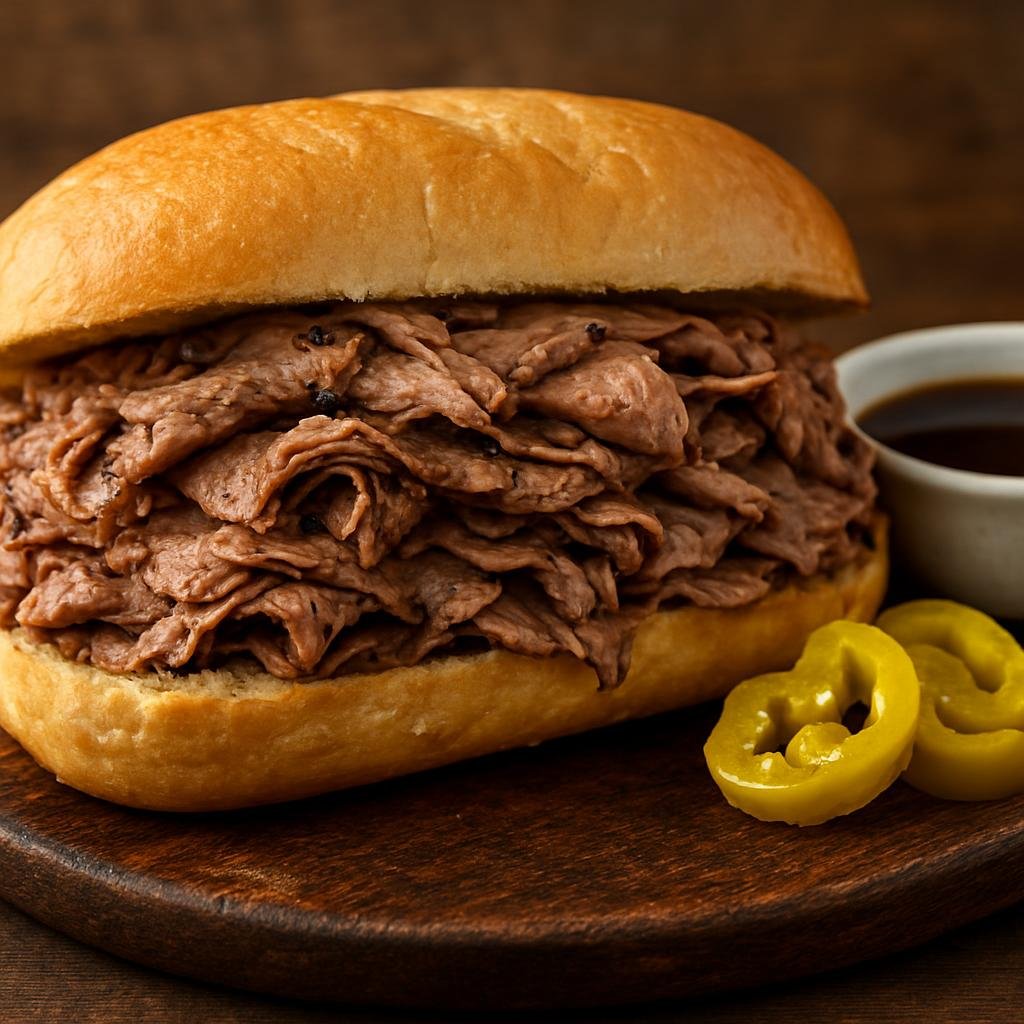 Entree: United States – Great Lakes – Italian Beef Sandwich (Thinly sliced seasoned roast beef piled on an Italian roll and served with rich au jus and pickled peppers) recipe
