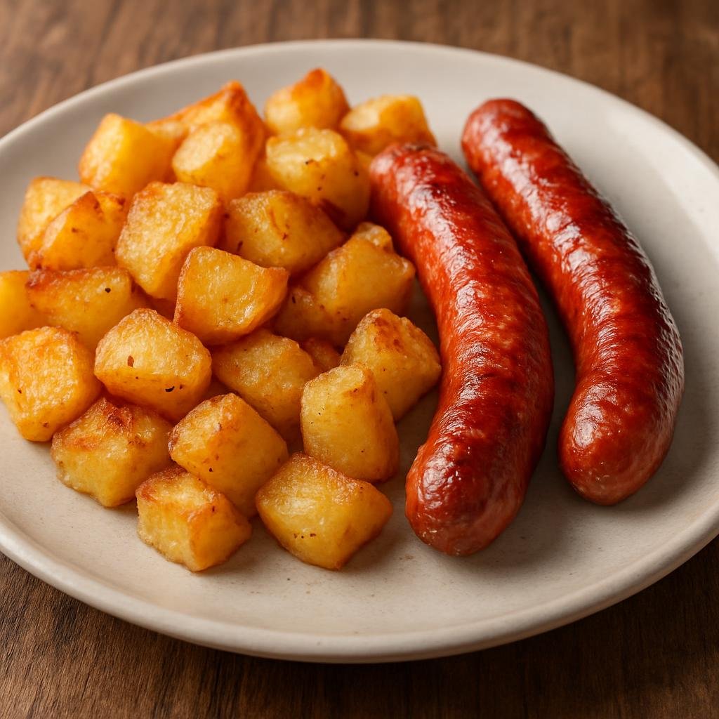 Entree: Spain – Navarre – Chistorra con Patatas (Pan-fried Navarrese chistorra sausage served with golden sautéed potatoes) recipe