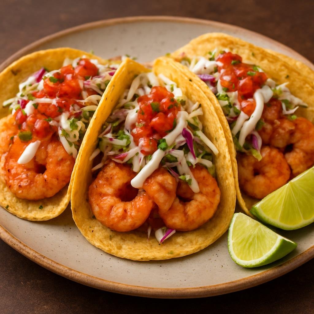Entree: Mexico – Quintana Roo / Caribbean Coast – Tacos de Camarón (Corn tortillas filled with seasoned shrimp, fresh cabbage slaw, salsa, and crema) recipe