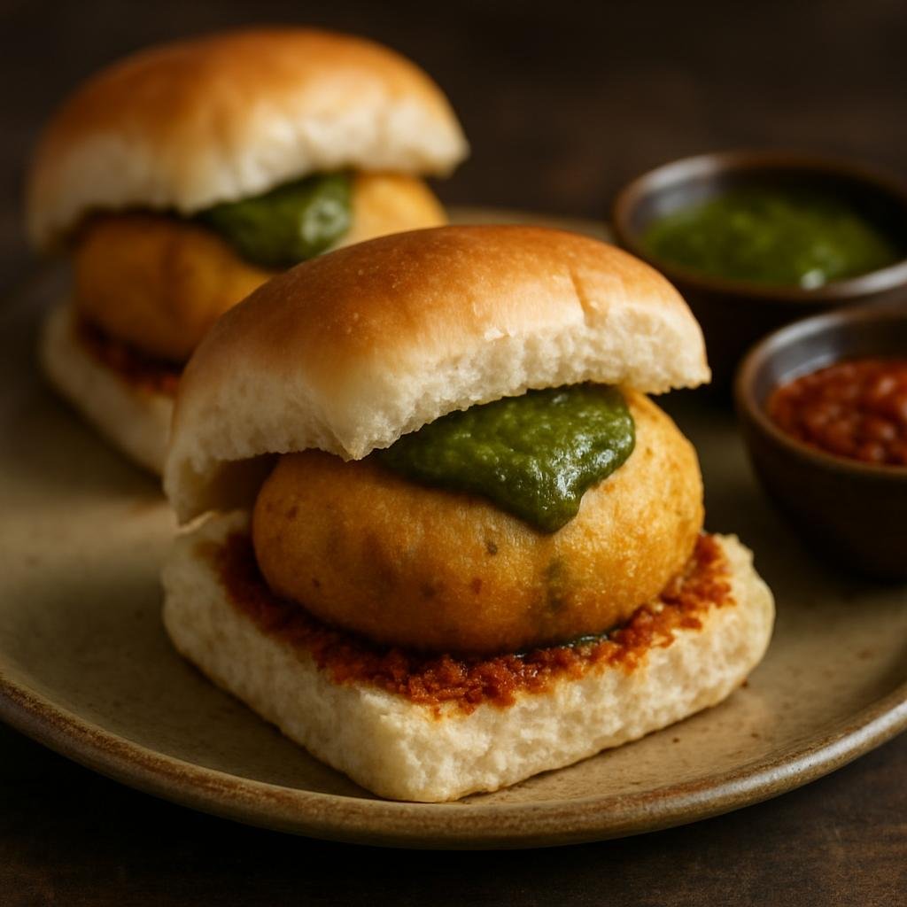 Entree: India – Indian Street Food Classics – वडा पाव ➤ Vada Pav (Deep-fried spiced mashed potato fritters sandwiched in a soft bread roll and served with tangy and spicy chutneys) recipe