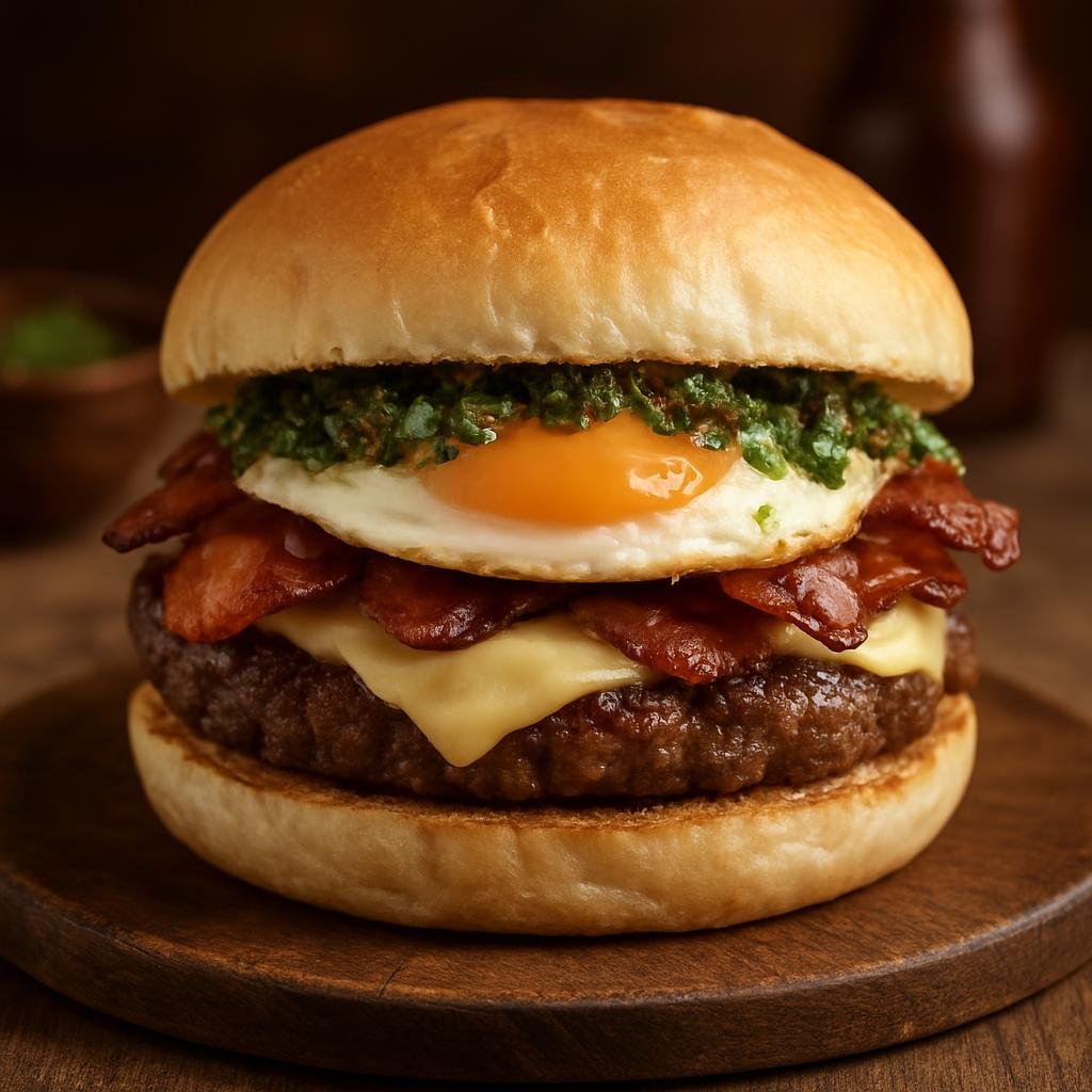 Entree: Brazil – Rio Grande do Sul – Xis Gaúcho (A hearty gaucho-style Brazilian sandwich built with seasoned grilled beef patties, bacon, cheese, fried egg, and chimichurri) recipe