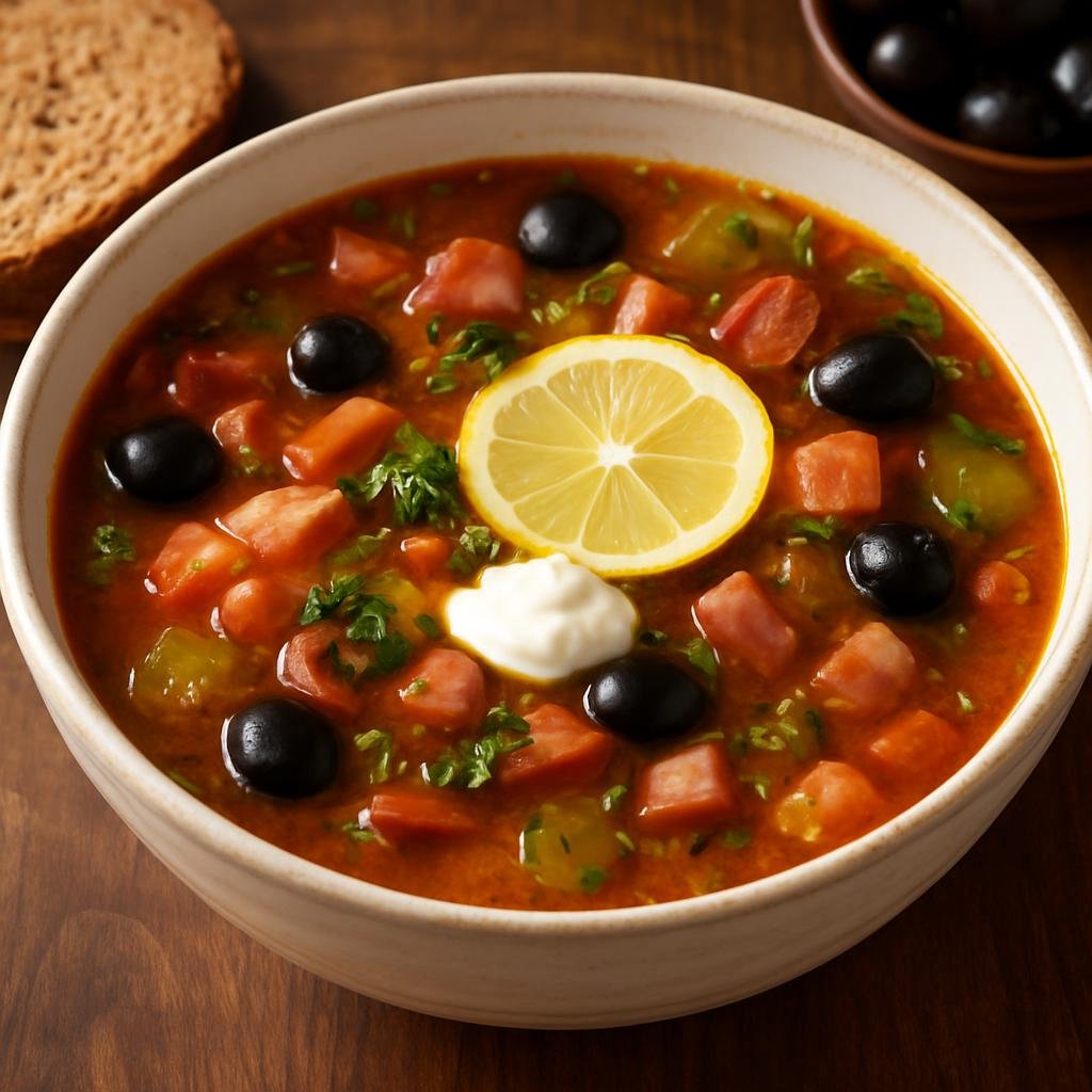 Entree: Russia – Western Siberia – Солянка ➤ Solyanka (Hearty Russian sour‑salty soup of mixed smoked and cured meats with pickles, olives, and lemon) recipe