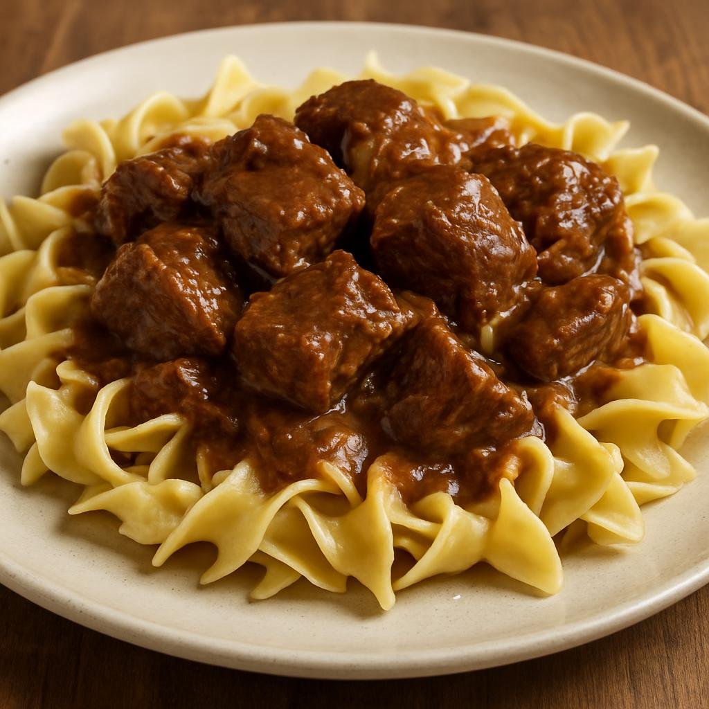 Entree: United States – Great Plains – Beef and Noodles (Tender braised beef in a rich brown gravy served over wide egg noodles) recipe