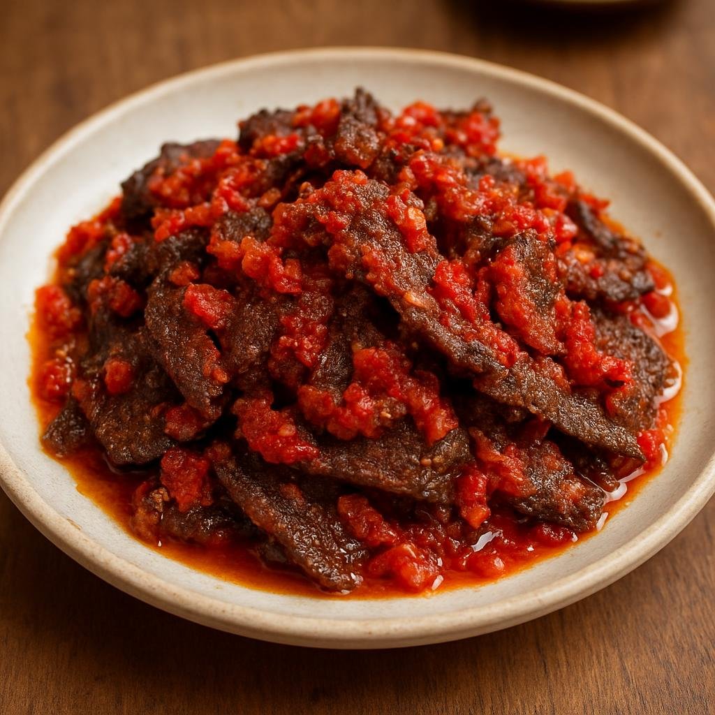 Entree: Indonesia – Padang / Minangkabau – Dendeng Balado (thinly sliced fried dried beef in spicy chili-tomato sambal) recipe