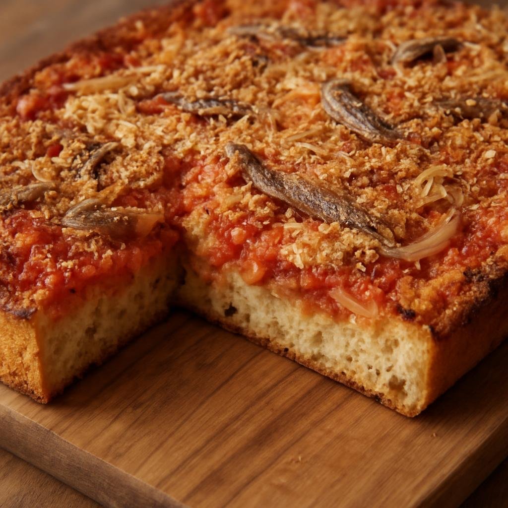 Entree: Italy – Sicily – Sfincione (Thick Sicilian pizza-style focaccia topped with tomato, onions, anchovies, breadcrumbs, and cheese) recipe
