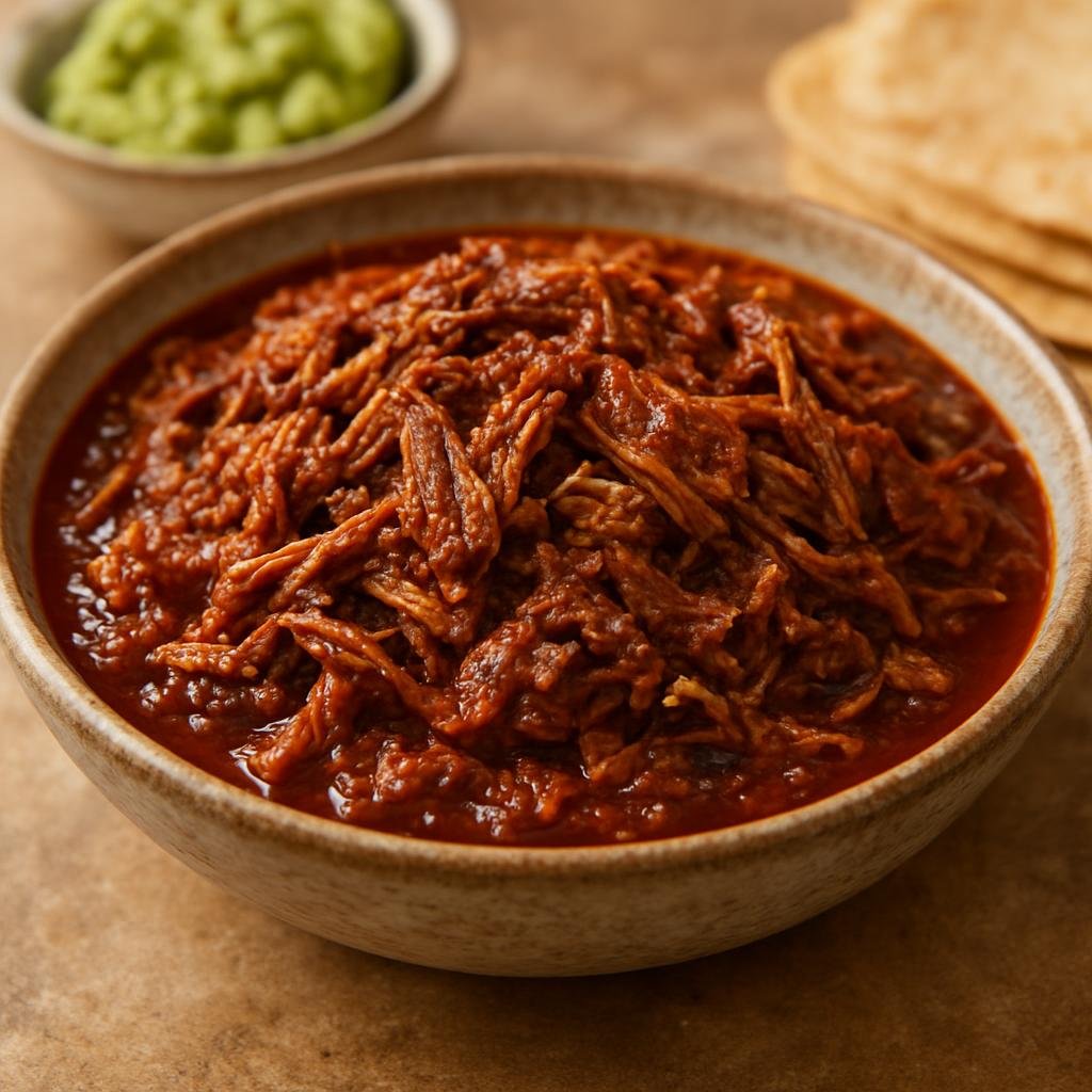 Entree: Mexico – Sonora – Chilorio (Slow-cooked shredded pork simmered in a spiced rehydrated chile and citrus sauce) recipe
