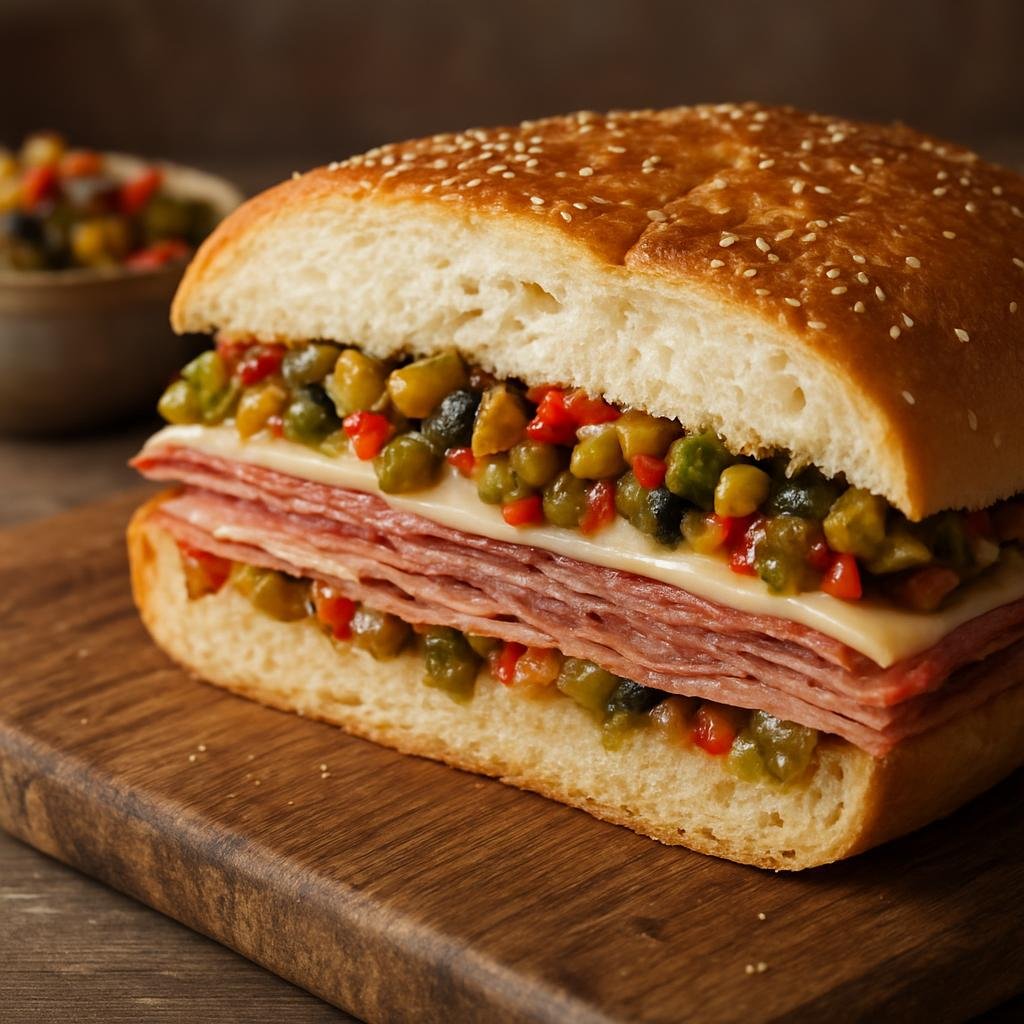 Entree: United States – Gulf Coast – Muffuletta (New Orleans-style round sandwich filled with Italian cold cuts, cheeses, and a tangy olive salad) recipe