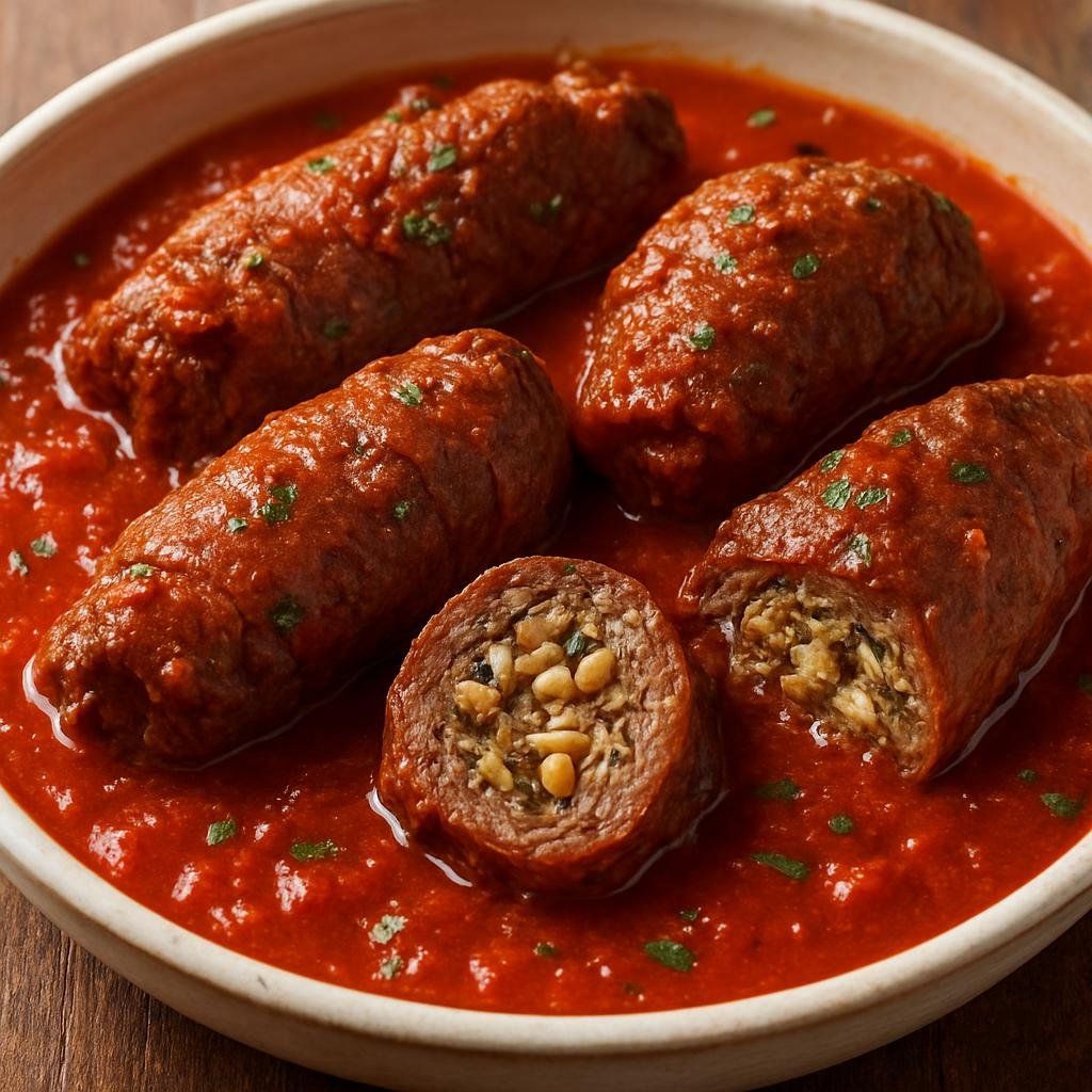Entree: Italy – Sicily – Braciole alla Siciliana (Thin beef roulades stuffed with a savory breadcrumb, cheese, herb, and pine nut filling, seared and slow-braised in tomato sauce) recipe
