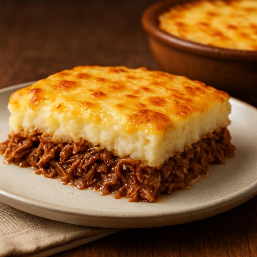 Entree: Brazil – Sao Paulo – Escondidinho (Baked cassava mash casserole layered with seasoned shredded beef and melted cheese) recipe