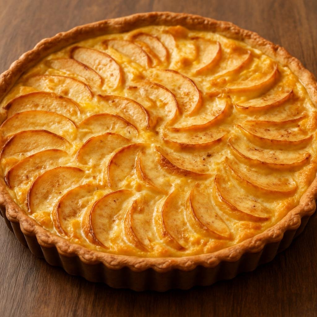 Entree: France – Normandy – Tarte Normande (Open-faced Normandy apple tart baked with a creamy egg-custard and a splash of Calvados) recipe