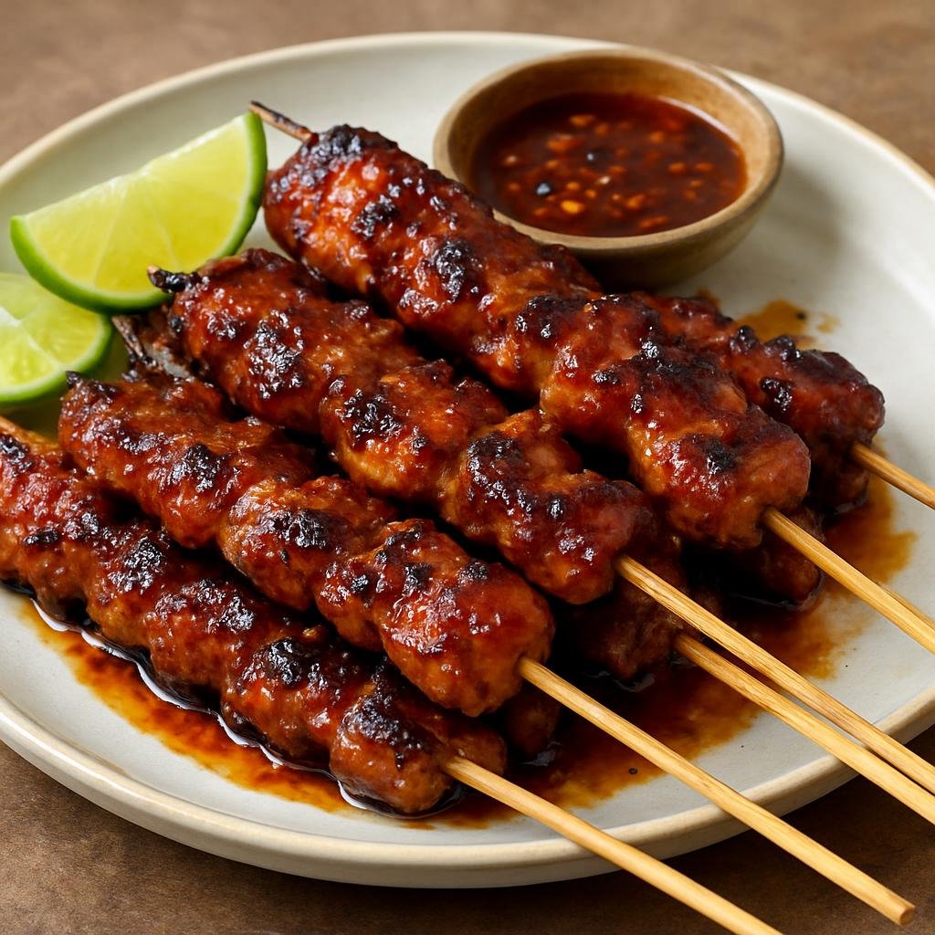 Entree: Indonesia – Papua – Sate Babi Papua (Grilled marinated pork skewers from Papua with a sweet-spicy coconut-soy glaze) recipe