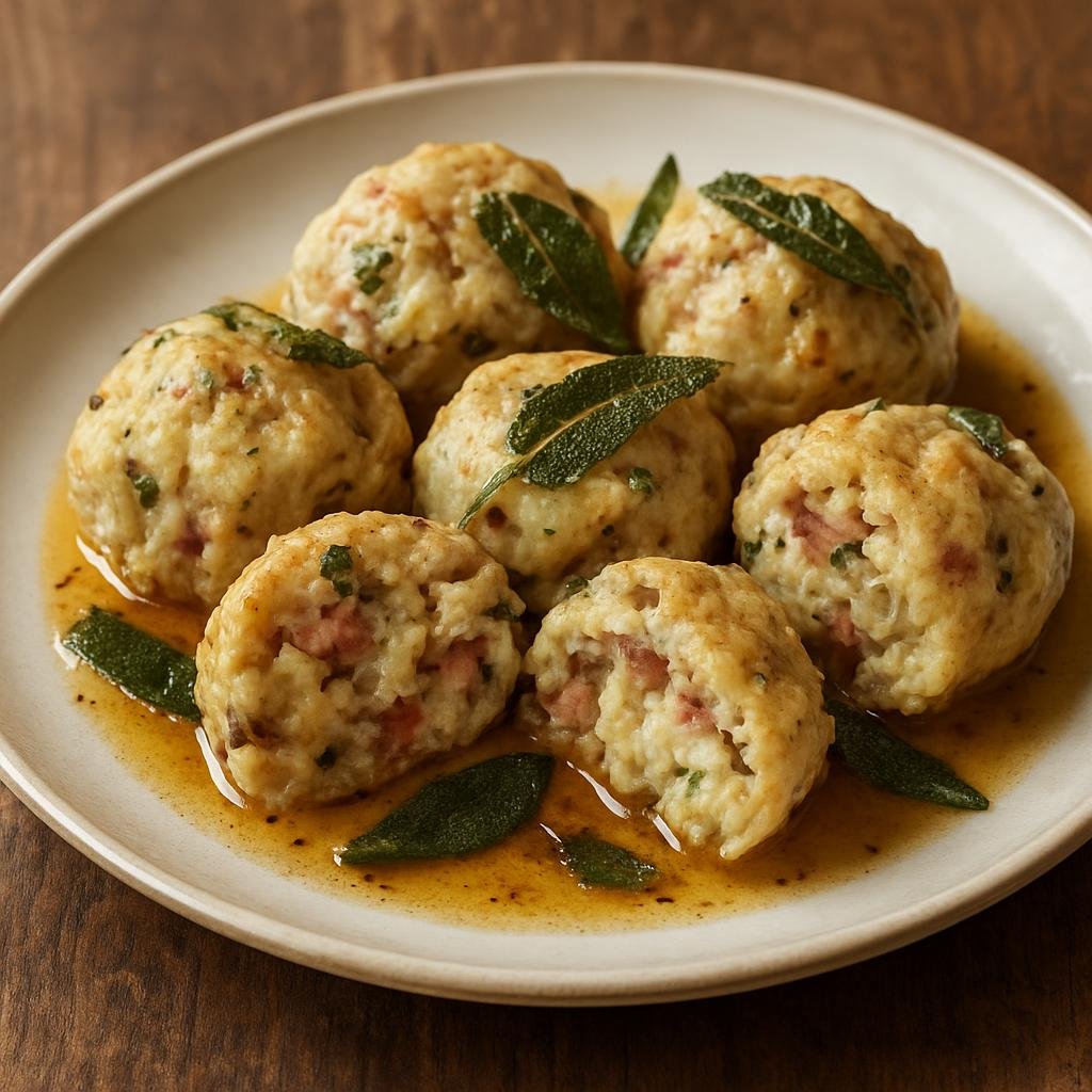 Entree: Italy – Trentino-Alto Adige – Cajinci (Rustic Trentino-Alto Adige bread dumplings with speck and alpine cheese, boiled and served with browned butter and sage) recipe