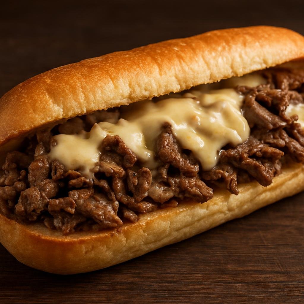 Entree: United States – Mid-Atlantic – Philadelphia Cheesesteak (Thinly sliced seared beef with melted cheese served in a long hoagie roll) recipe