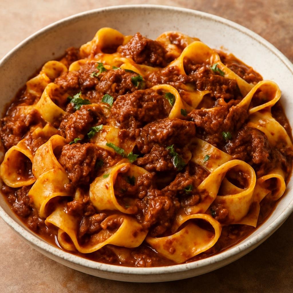 Entree: Italy – Tuscany – Pappardelle al Cinghiale (Wide ribbon pasta with slow-braised wild boar ragu) recipe