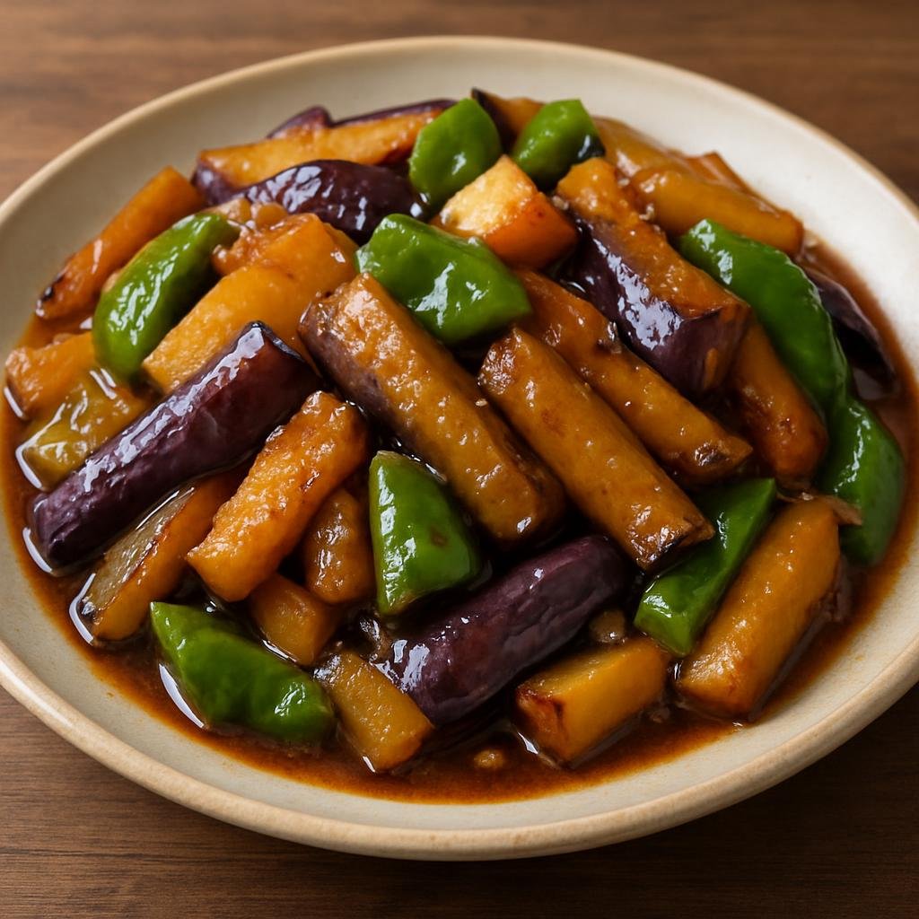 Entree: China – Northeast Dongbei – 地三鲜 ➤ Dì Sān Xiān (Stir-fried trio of eggplant, potato, and green pepper in a savory garlic-soy sauce) recipe