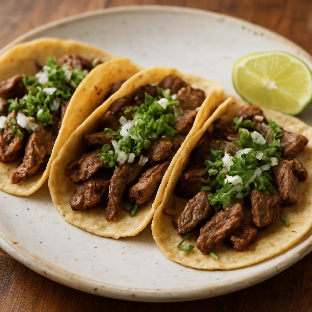 Entree: Mexico – Tamaulipas & Gulf North – Tacos de Bistec (Thinly sliced grilled or pan-seared beef served on corn tortillas with fresh onion, cilantro, and lime) recipe