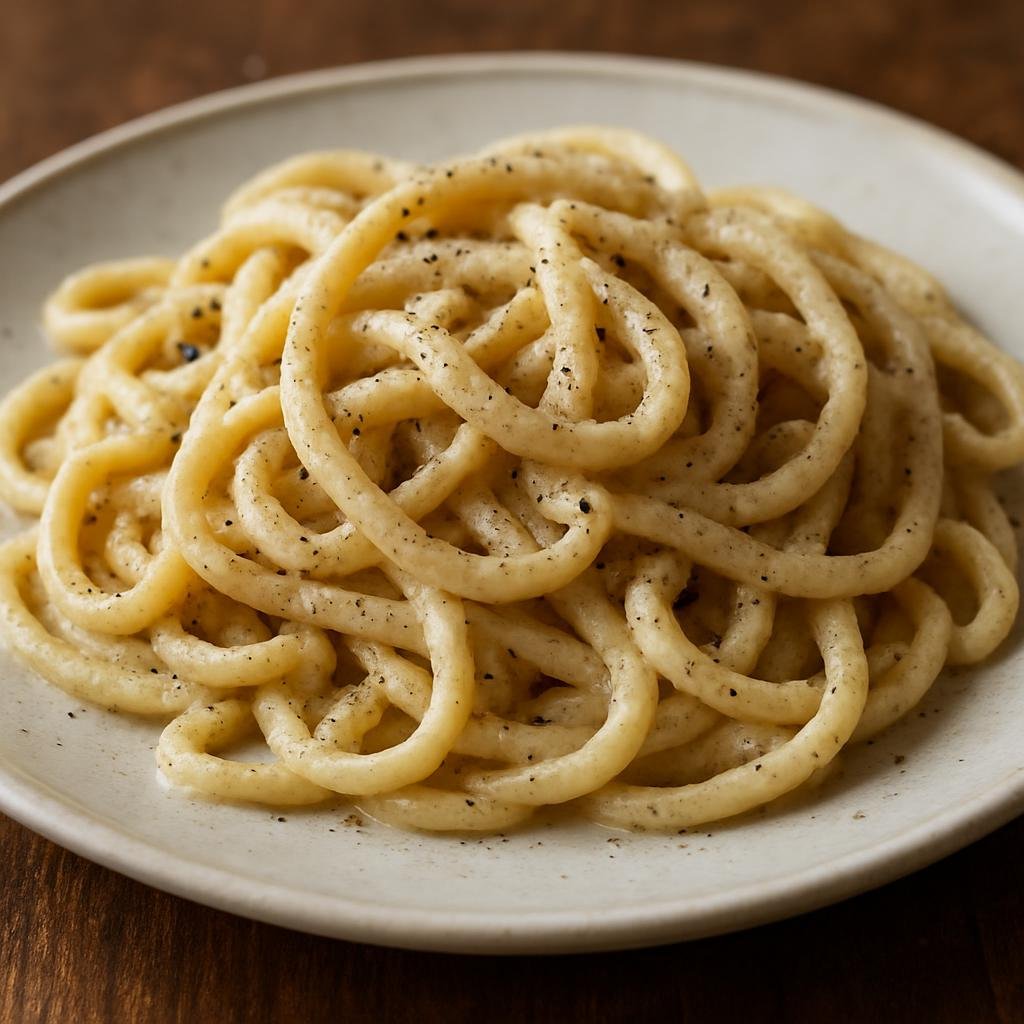 Entree: Italy – Tuscany – Pici Cacio e Pepe (Thick hand-rolled pasta tossed with Pecorino Romano cheese and freshly cracked black pepper) recipe