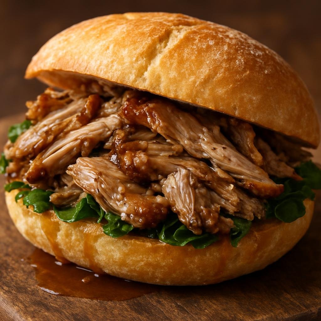 Entree: United States – Mid-Atlantic – Roast Pork Sandwich (Slow-roasted pork served sliced or shredded on a crusty roll with savory pan juices and greens) recipe