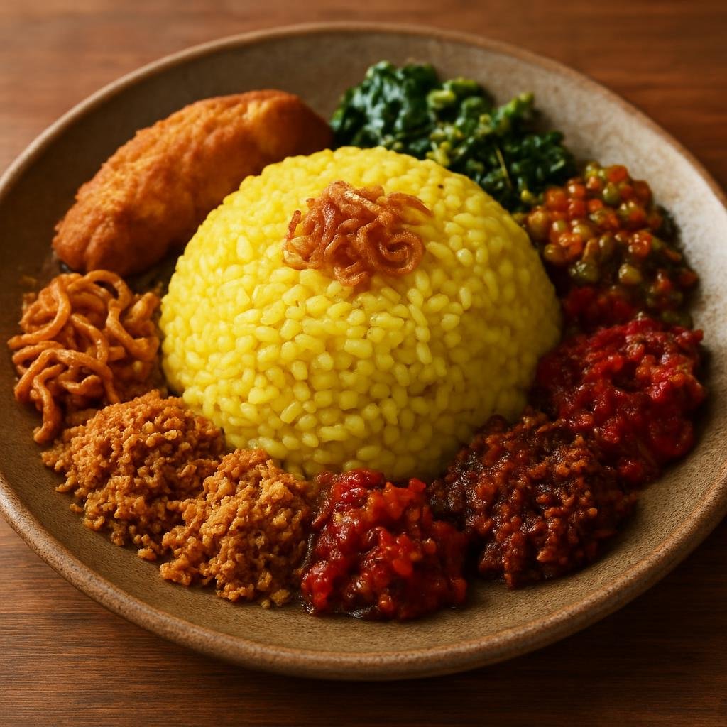 Entree: Indonesia – Sulawesi – Nasi Kuning Manado (Manadonese turmeric and coconut rice served with spicy regional condiments) recipe