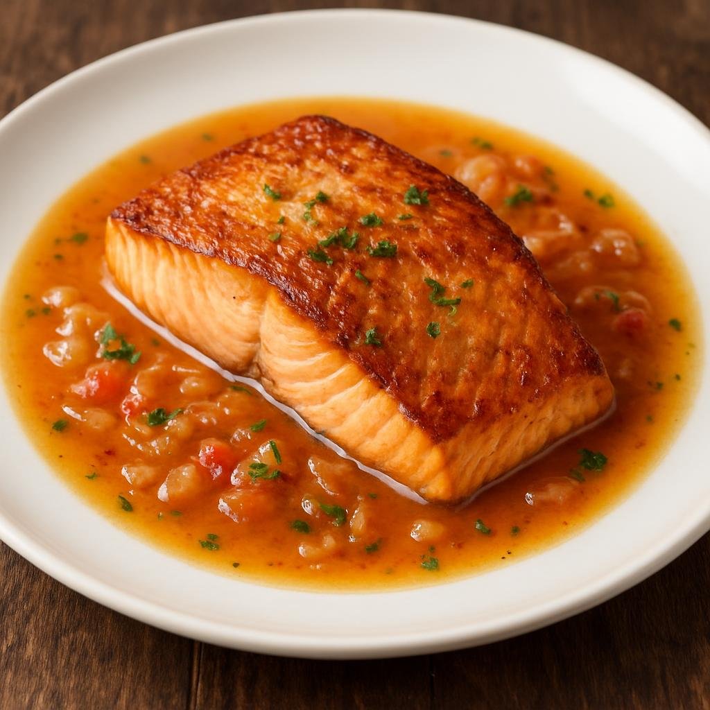 Entree: France – Paris & Ile-de-France – Pavé de Saumon (Thick pan-seared salmon steak served with a classic French butter-wine shallot sauce) recipe