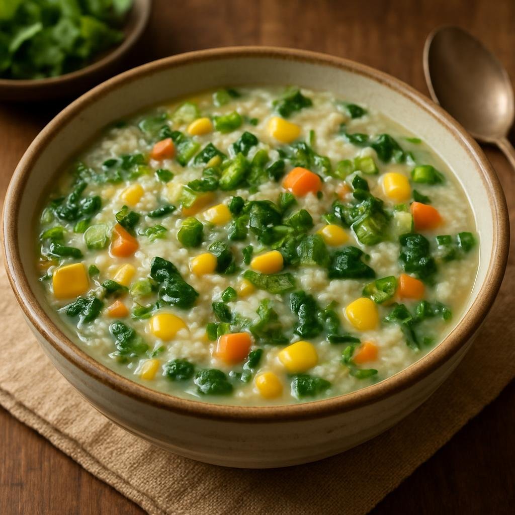 Entree: Indonesia – Sulawesi – Bubur Manado (Hearty Manado rice porridge with mixed vegetables, corn, and fragrant herbs) recipe