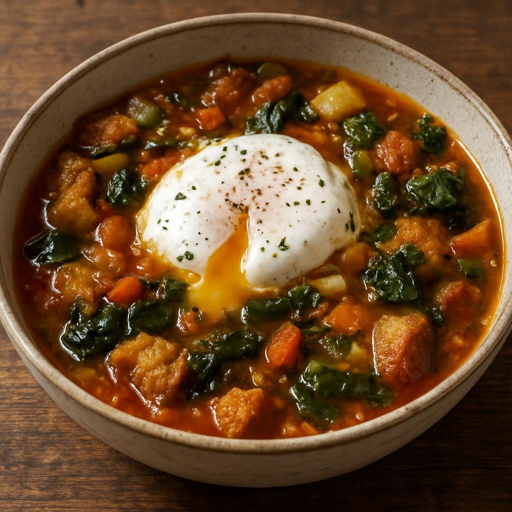 Entree: Italy – Tuscany – Acquacotta (Rustic Tuscan vegetable and tomato broth cooked with stale bread and finished with a poached egg) recipe