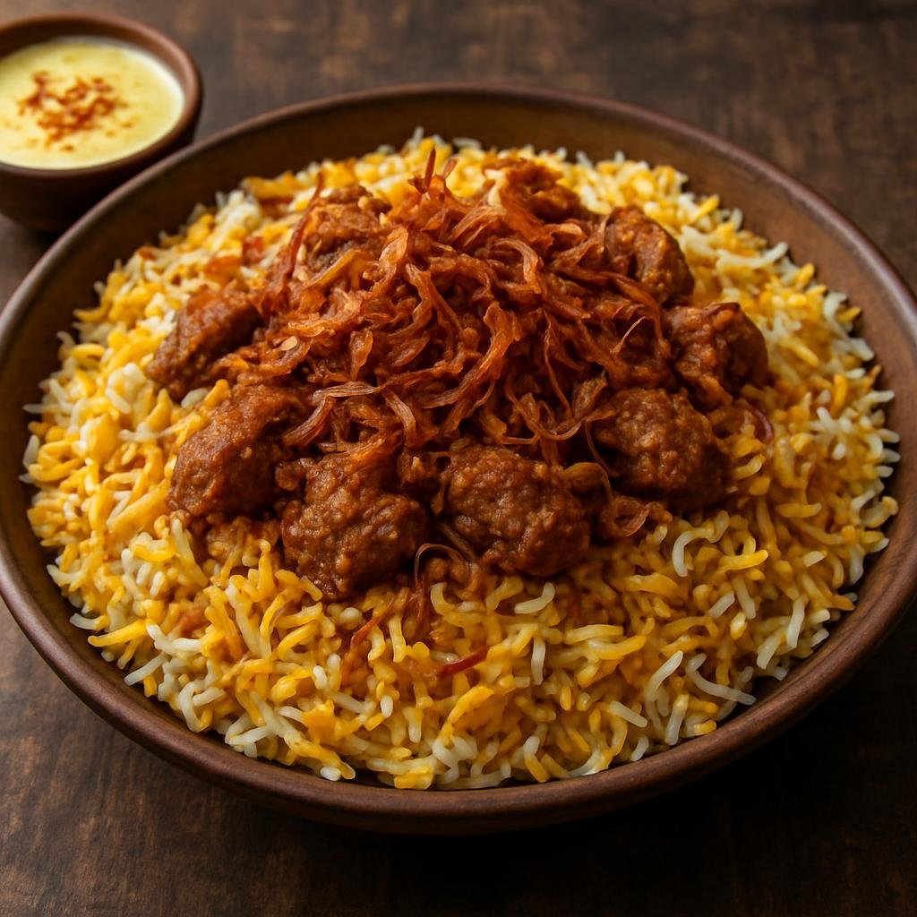 Entree: India – Kerala Malabar – മലബാർ ബിരിയാണി ➤ Malabār Biryāṇi (Fragrant Kerala-style spiced rice cooked with marinated meat and layered with fried onions and saffron milk) recipe