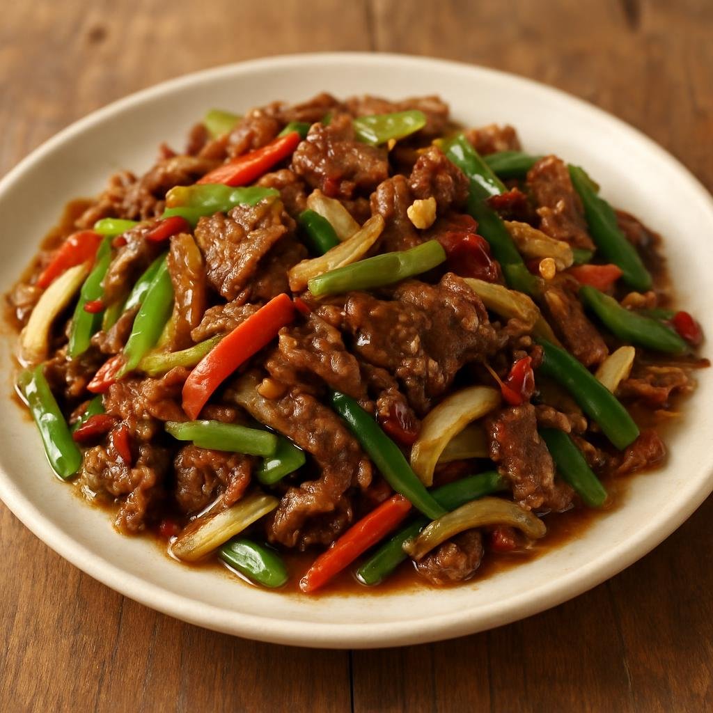 Entree: China – Qinghai – 牦牛肉炒 ➤ Máoniú ròu chǎo (Quick stir-fry of thinly sliced yak meat with aromatics and vegetables typical of Qinghai highlands) recipe