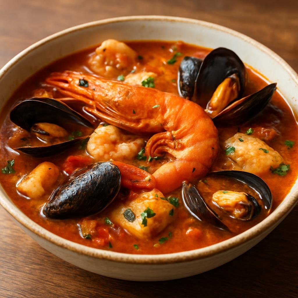 Entree: France – Provence – Bouillabaisse (Traditional Provençal fish stew of mixed Mediterranean seafood in a fragrant saffron-tomato broth) recipe