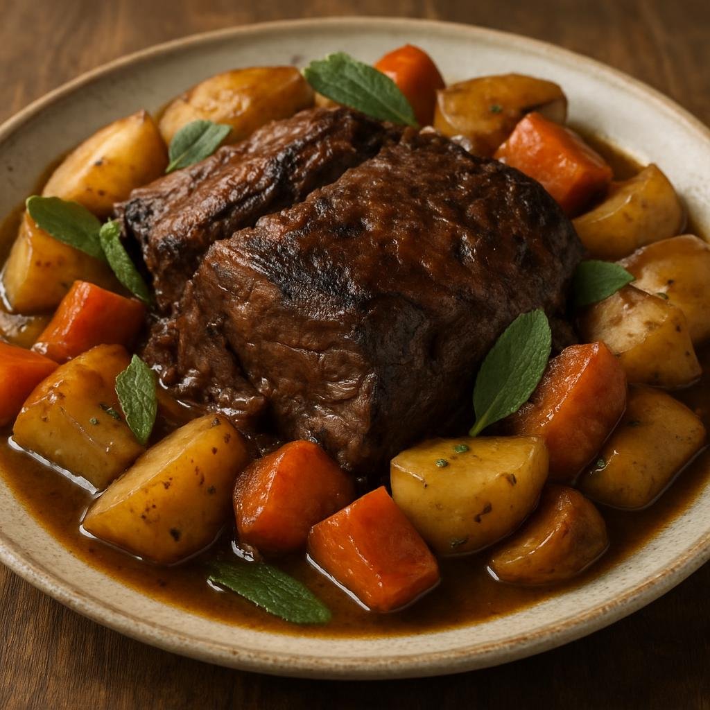 Entree: United States – Native American / Indigenous – Bison Pot Roast (Slow-braised bison shoulder with root vegetables and aromatic sage) recipe