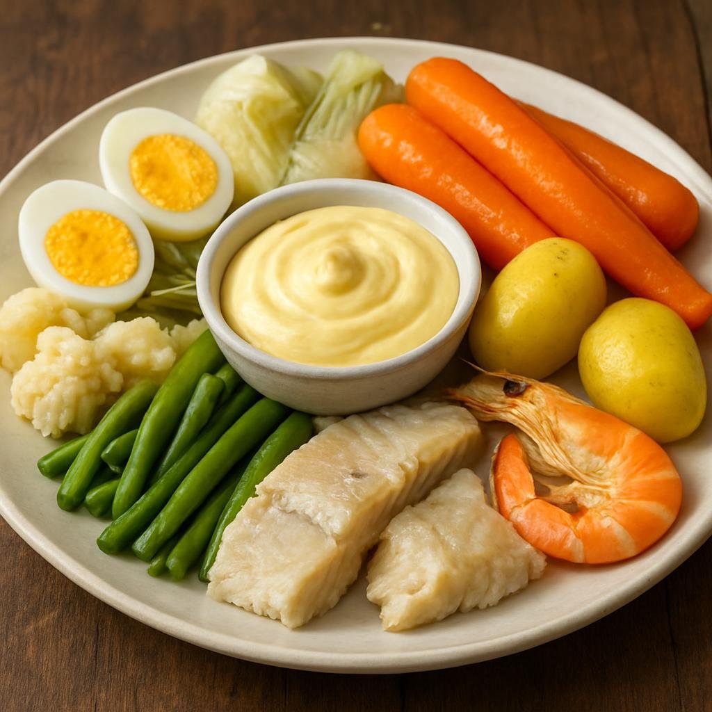 Entree: France – Provence – Aïoli Garni (Platter of boiled vegetables, seafood or salted fish, and eggs served with garlicky mayonnaise) recipe
