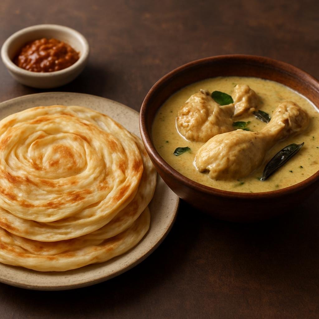 Entree: India – Kerala Malabar – മലബാർ പരോട്ടയും ചിക്കൻ സ്റ്റ്യൂ ➤ Malabār Parottayuṁ Chikkaṉ Sṭyū (Layered flaky flatbread served with a mild coconut-milk spiced chicken stew) recipe