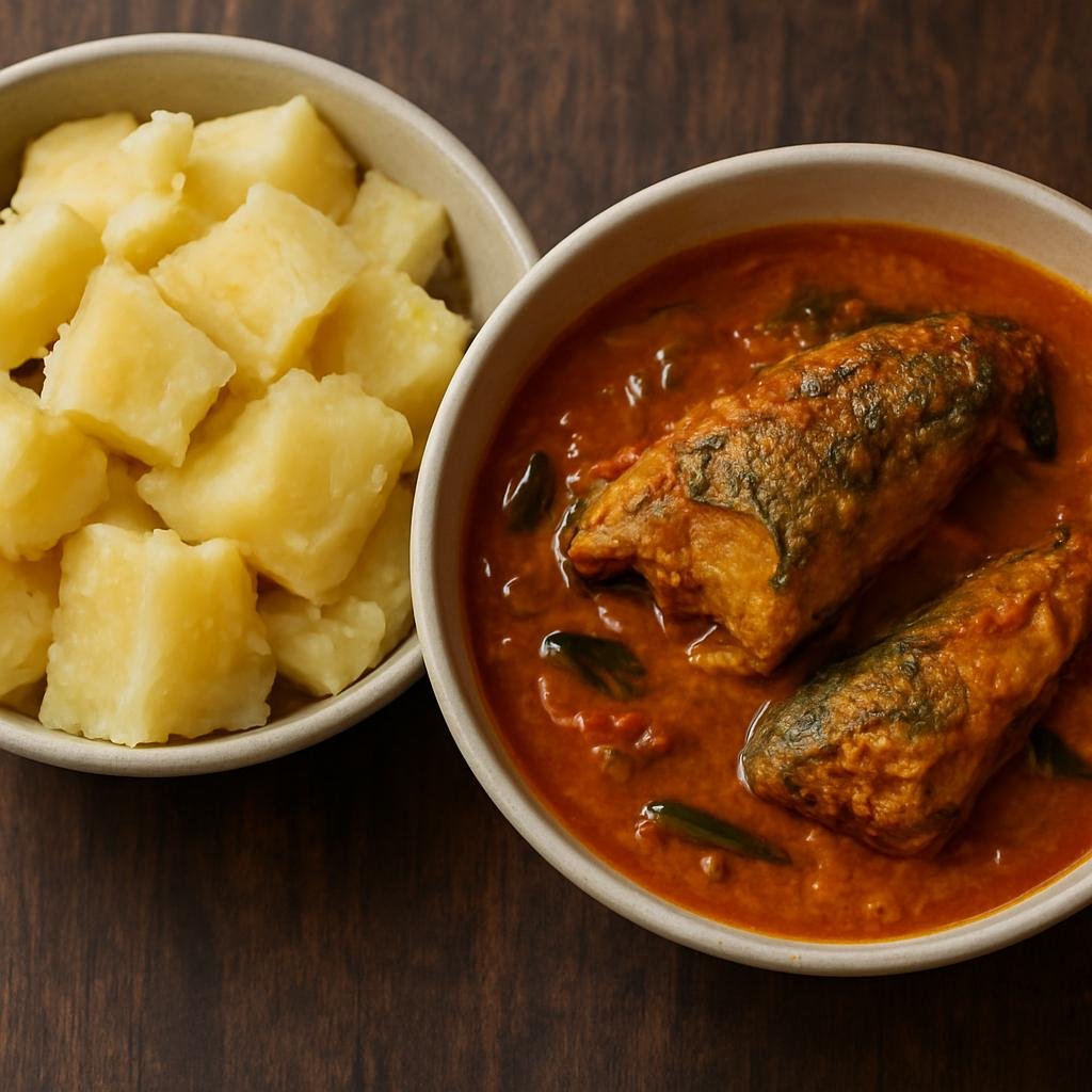 Entree: India – Kerala Malabar – കപ്പയും മീൻ കറി ➤ Kappayum Meen Kari (Boiled cassava with tangy coconut fish curry) recipe
