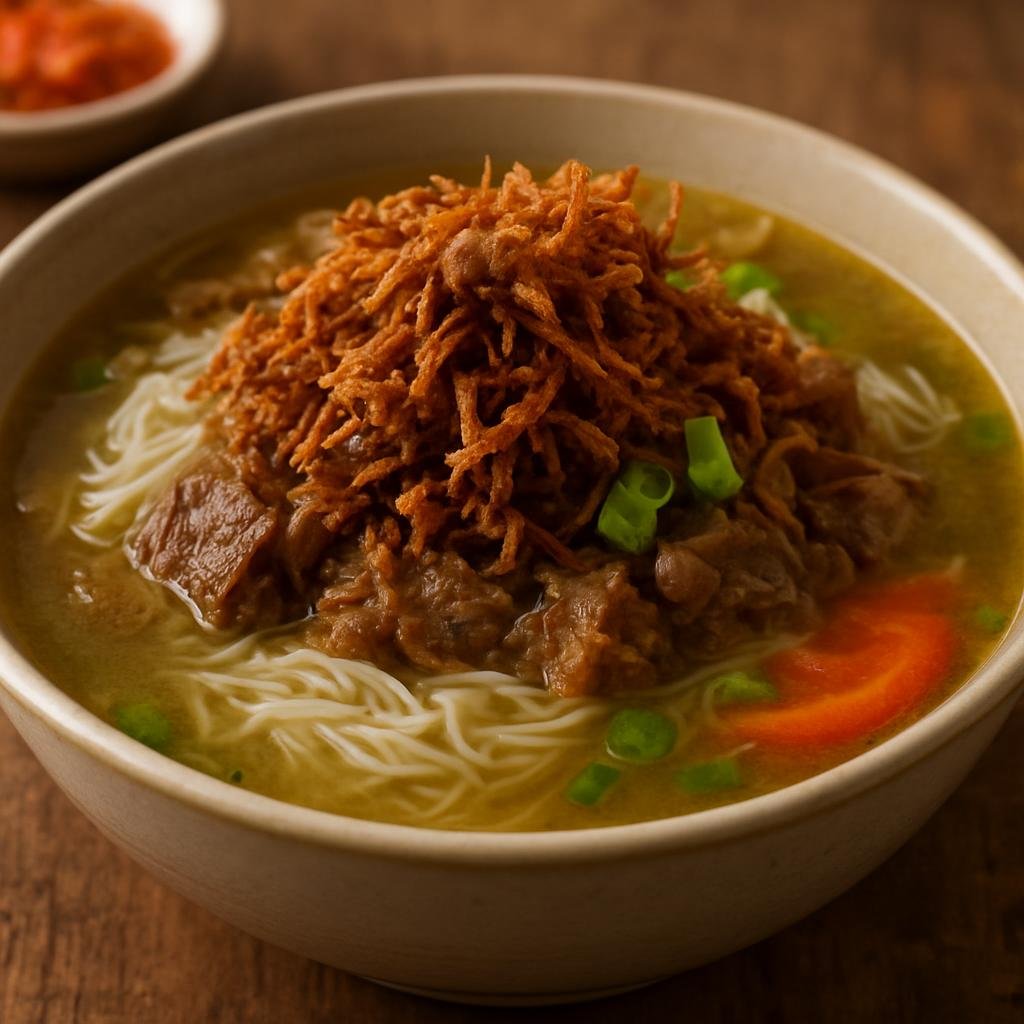 Entree: Indonesia – Sumatra – Soto Padang (Sumatranean clear beef soup served with crisp fried shredded beef, rice vermicelli and tangy broth) recipe