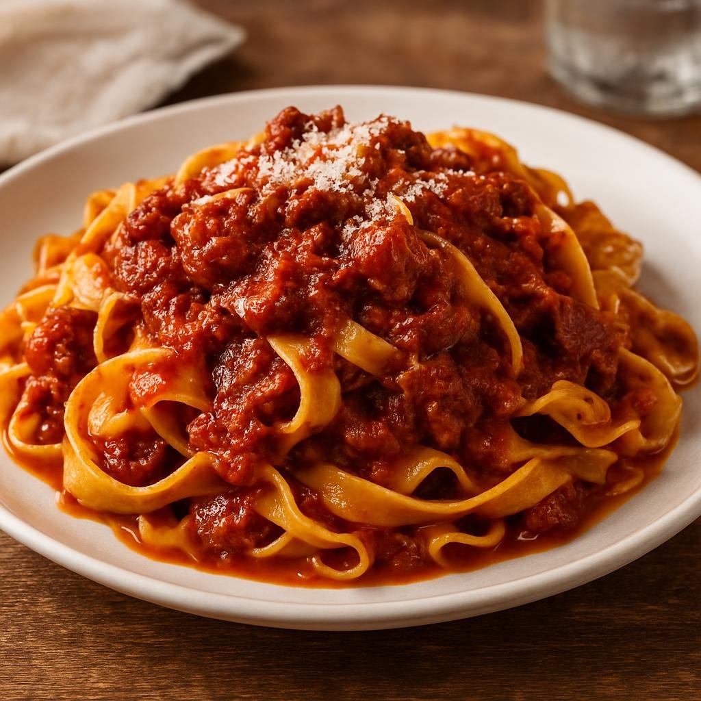 Entree: Italy – Umbria – Tagliatelle al Sugo di Cinghiale (Fresh ribbon pasta served with a slow-cooked wild boar tomato ragu) recipe