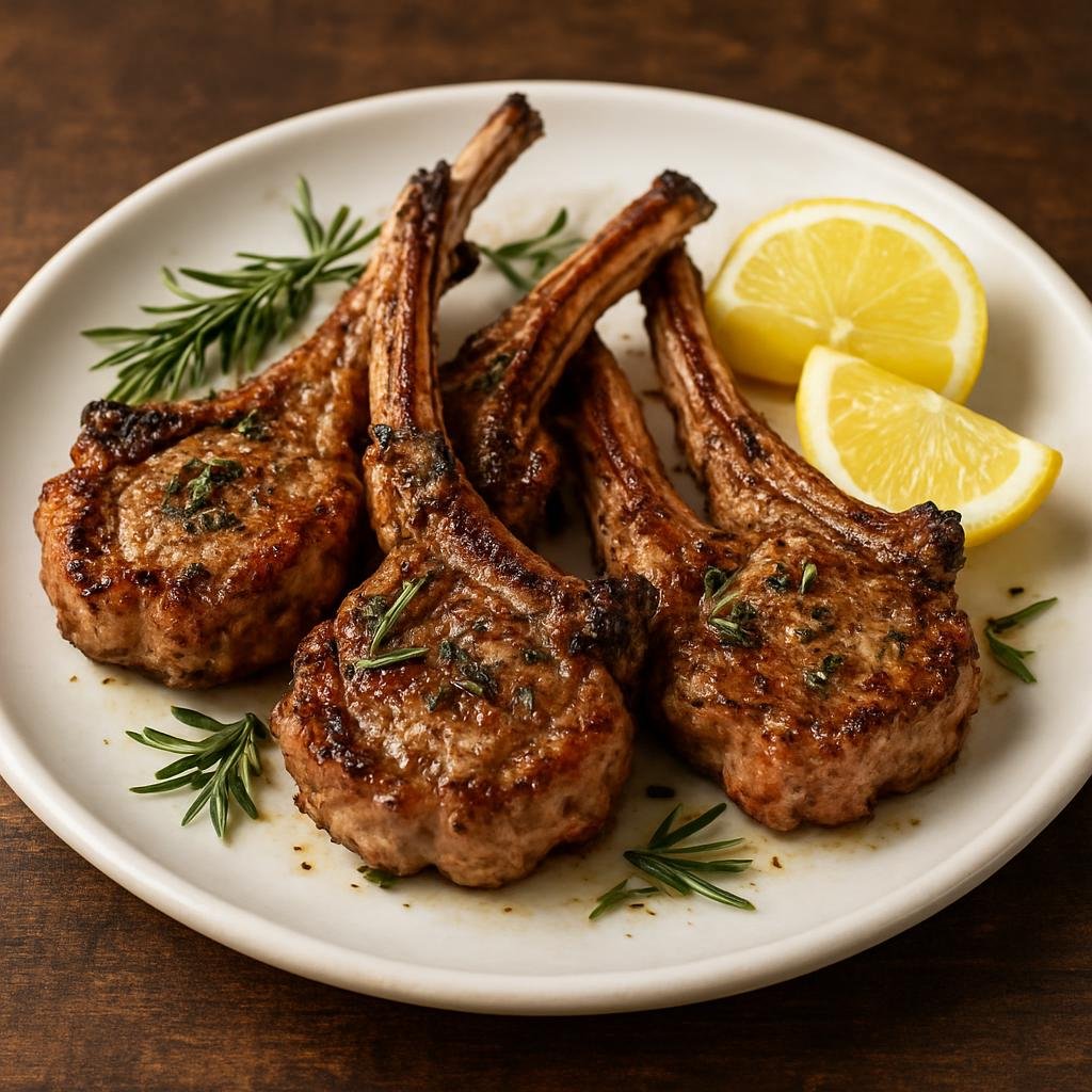 Entree: Italy – Umbria – Agnello Scottadito (Charcoal-grilled or pan-seared lamb chops seasoned simply with garlic, rosemary, and lemon) recipe