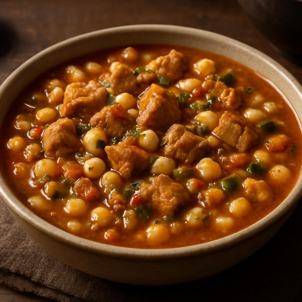 Entree: United States – Native American / Indigenous – Hominy and Pork Stew (Hearty stew of hominy kernels simmered with pork and chiles) recipe