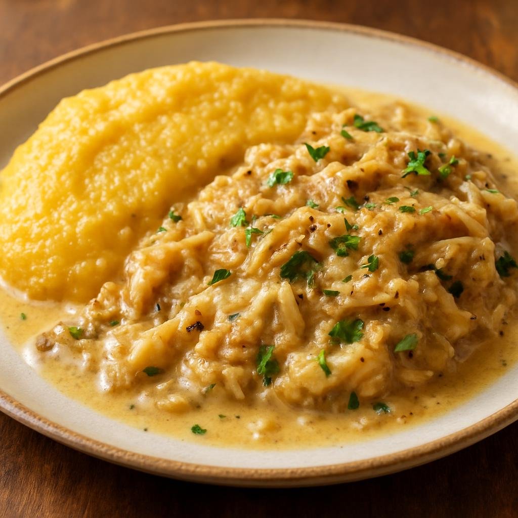 Entree: Italy – Veneto – Baccalà alla Vicentina (Salted cod slowly braised with onions, milk, and anchovies, traditionally served with polenta) recipe