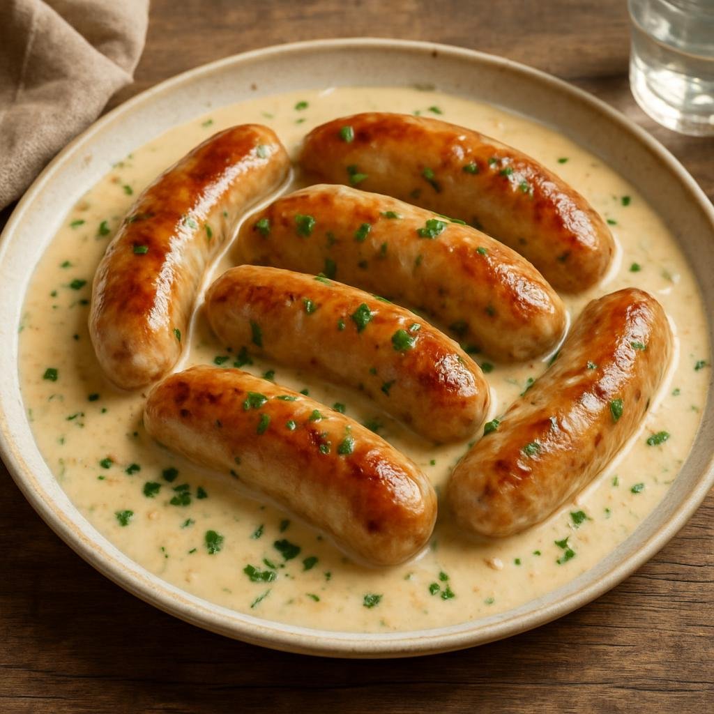 Entree: France – Savoy / Alps – Diots de Savoie (Savoyard pork sausages braised in white wine and cream typical of the French Alps) recipe