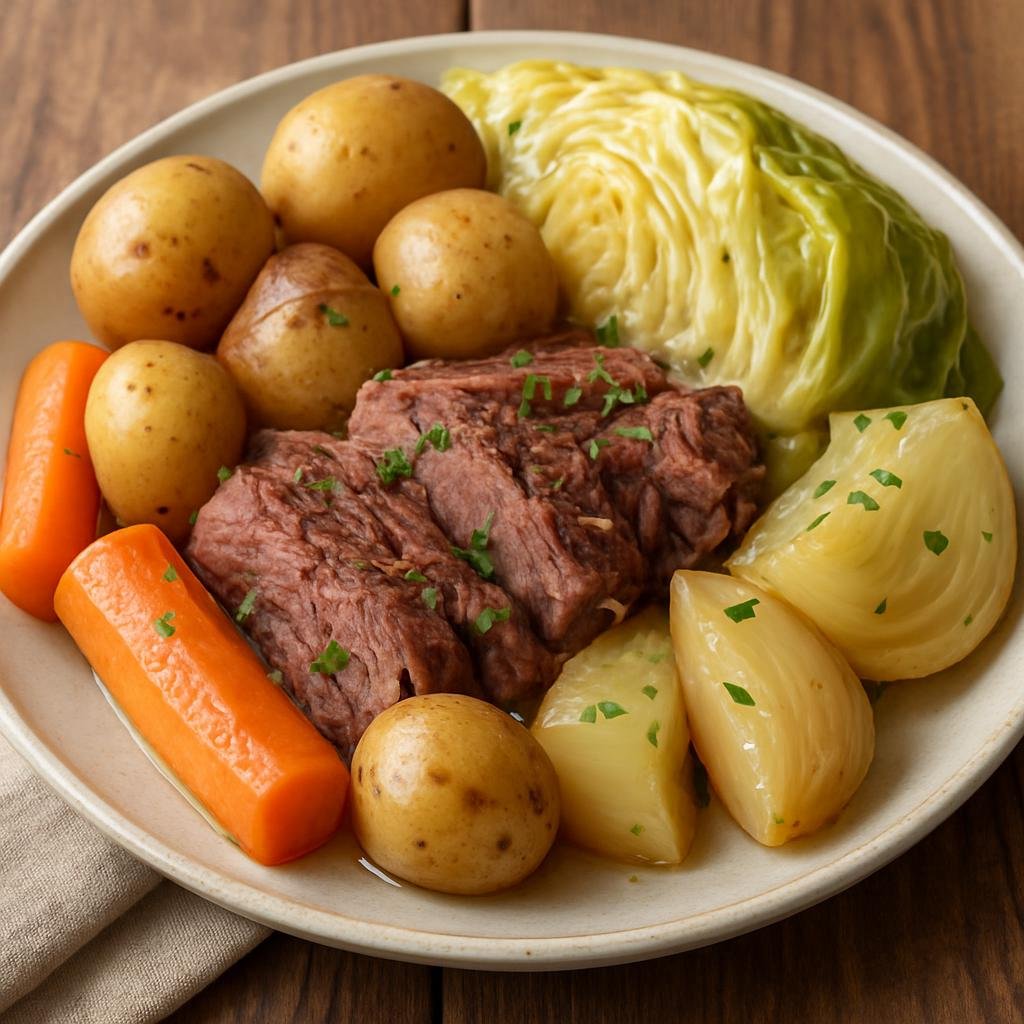 Entree: United States – New England – Boiled Dinner (Hearty one-pot boiled meat with potatoes, root vegetables, and cabbage, a traditional New England meal) recipe