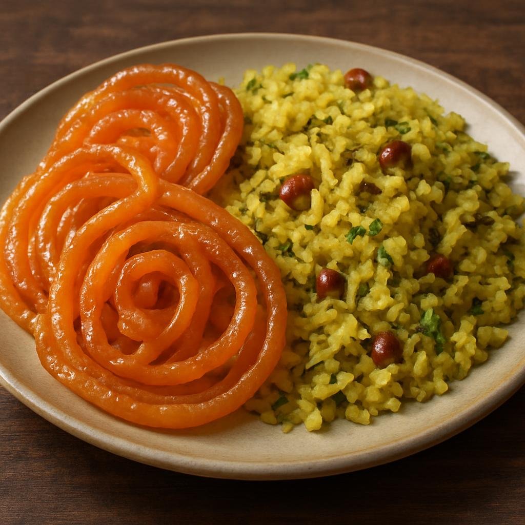 Entree: India – Madhya Pradesh – जलेबी और पोहा ➤ Jalebi aur Poha (Crispy syrup-soaked sweet spirals served alongside spiced flattened rice) recipe