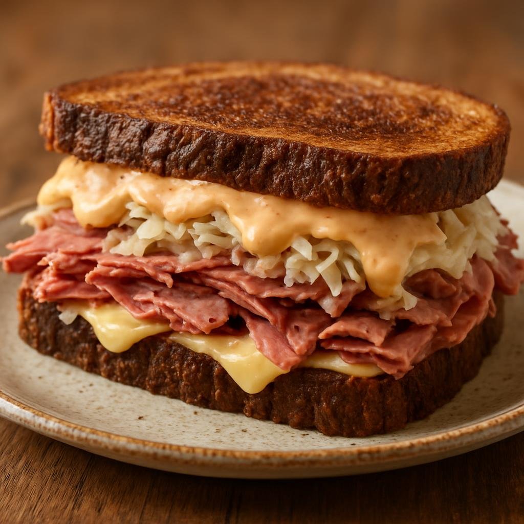 Entree: United States – New York City – Reuben Sandwich (Toasted rye sandwich filled with corned beef, Swiss cheese, sauerkraut, and a creamy Russian-style dressing) recipe