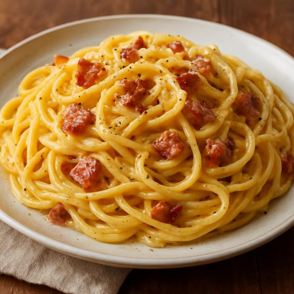 Entree: United States – New York City – Spaghetti Carbonara (Pasta with eggs, cheese, and cured pork in a silky sauce) recipe