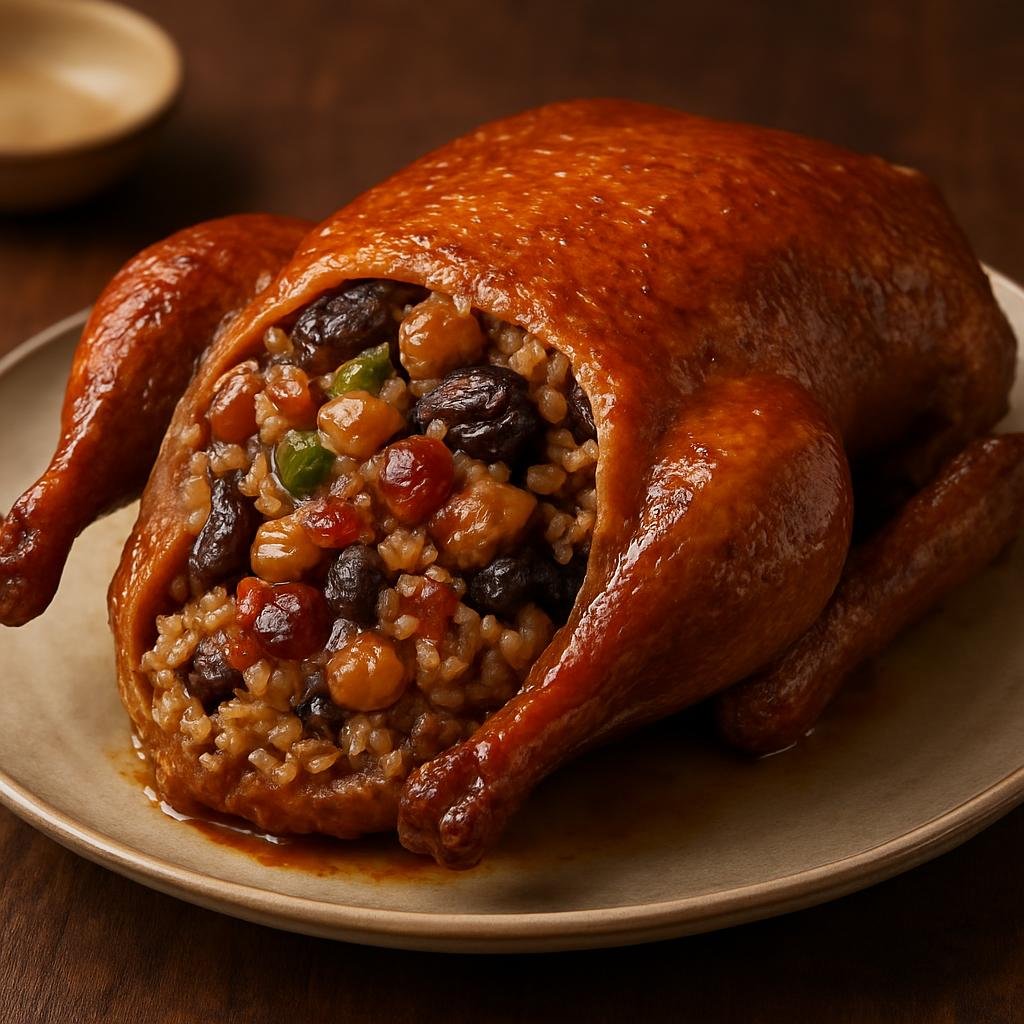 Entree: China – Shanghai / Hu Cuisine – 八宝鸭 ➤ Bābǎo yā (Braised, stuffed duck filled with glutinous rice and a mix of sweet-savory preserved and dried ingredients) recipe