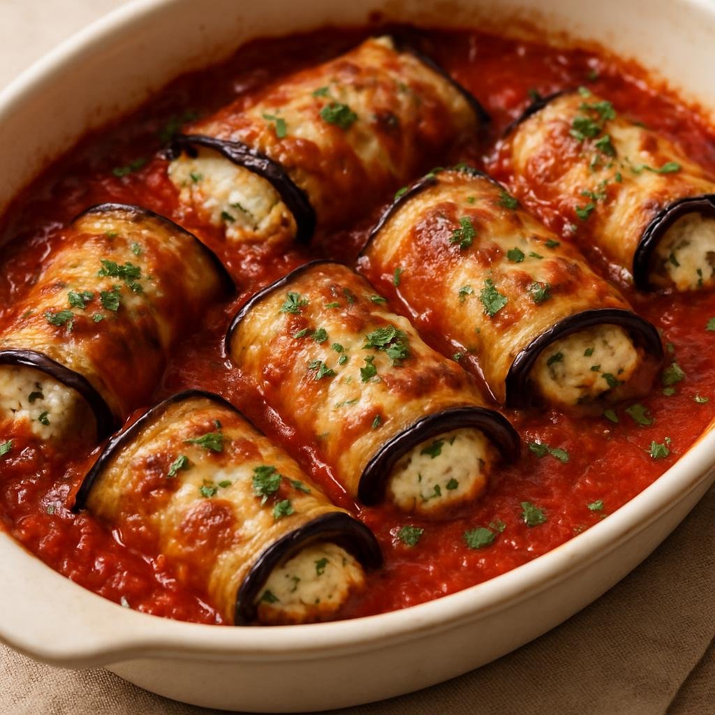 Entree: United States – New York City – Eggplant Rollatini (Baked rolled eggplant slices filled with ricotta and herbs in tomato sauce) recipe