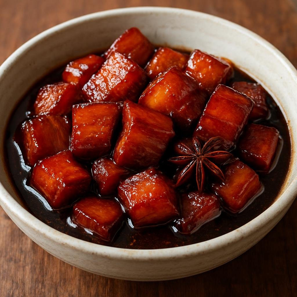 Entree: China – Shanxi – 山西红烧肉 ➤ Shānxī hóngshāo ròu (Shanxi-style red-braised pork belly slowly simmered in soy, Shaoxing wine, aromatics, and a touch of Shanxi mature vinegar) recipe
