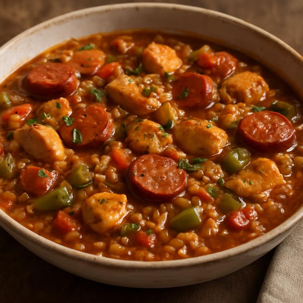 Entree: United States – Ozarks – Ozark Jambalaya (Hearty one-pot rice stew of seasoned chicken, smoked sausage, and vegetables in a savory spicy broth) recipe